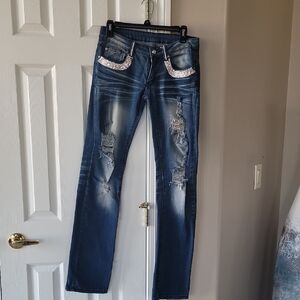 Women's Blue Distressed Jeans Embellished With Swarovski Crystals